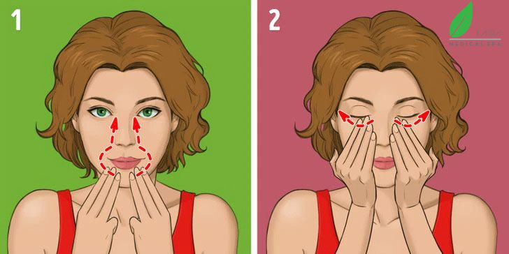 Xoa từ cằm lên dọc mũi và di chuyển tay từ bầu mắt ra thái dương
